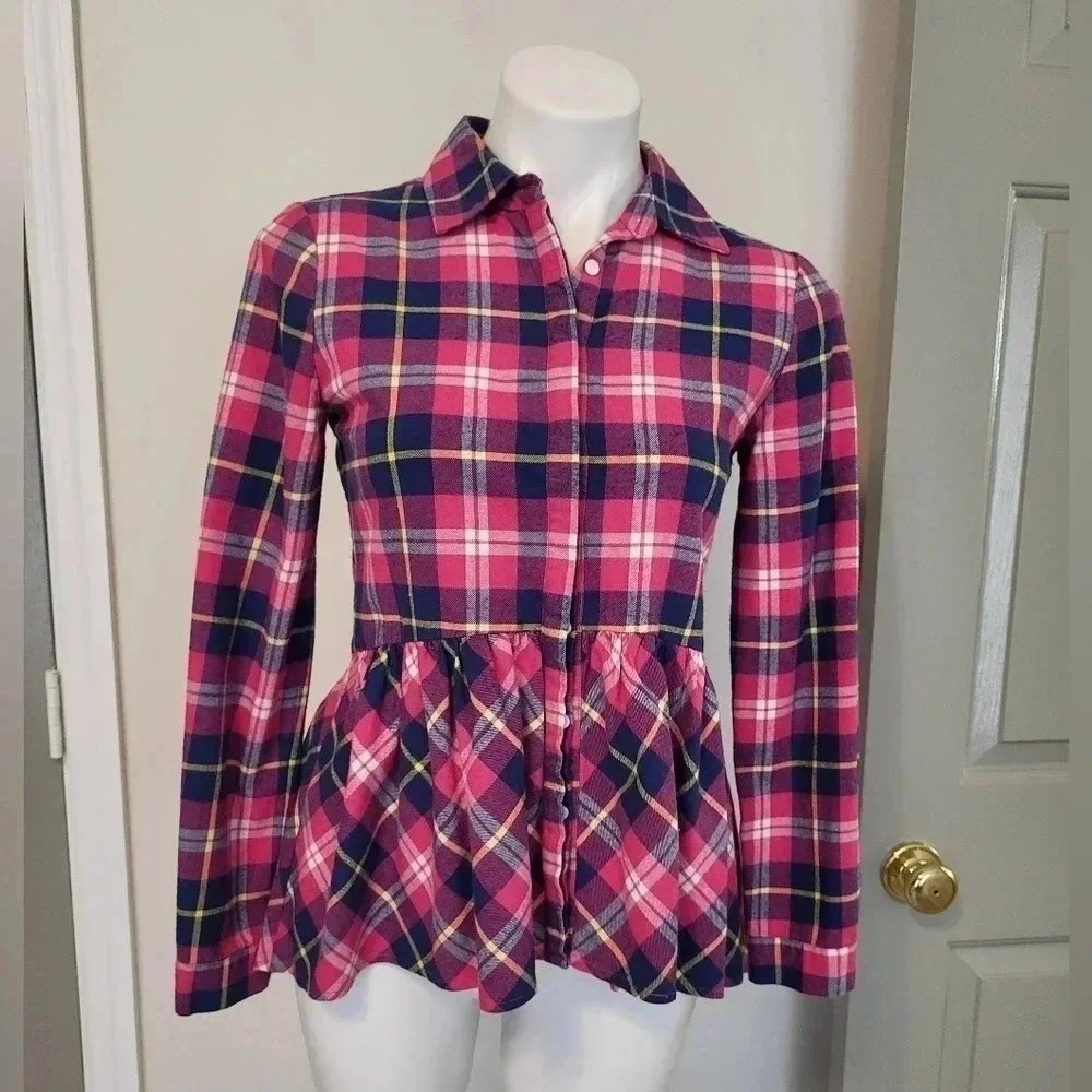 SUNDANCE Hayden Creek High Low Peplum Hem Plaid Cotton Button Down Flannel(XS)